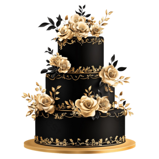 a black and gold wedding cake with roses