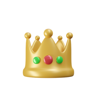 a gold crown with red and green balloons