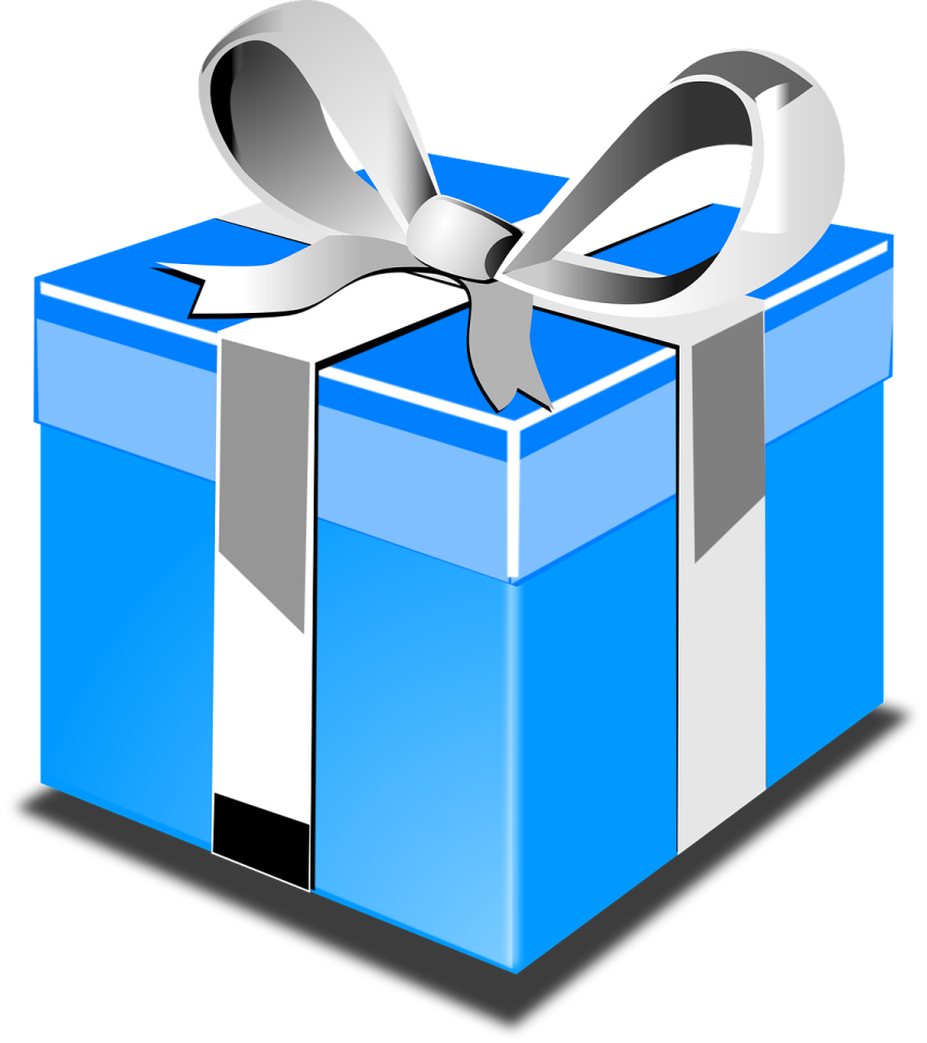 a blue gift box with a silver bow
