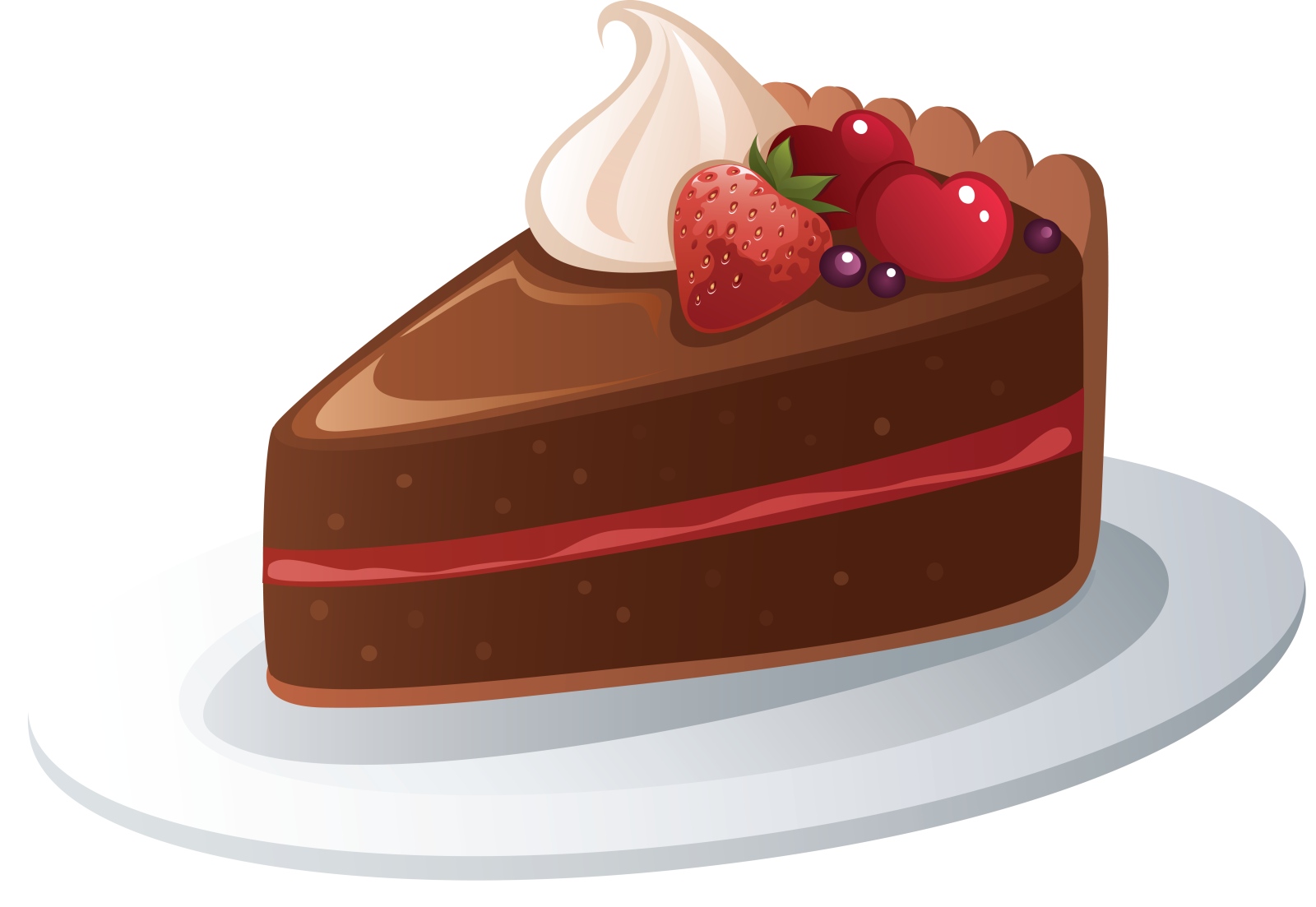 a piece of chocolate cake with berries and whipped cream