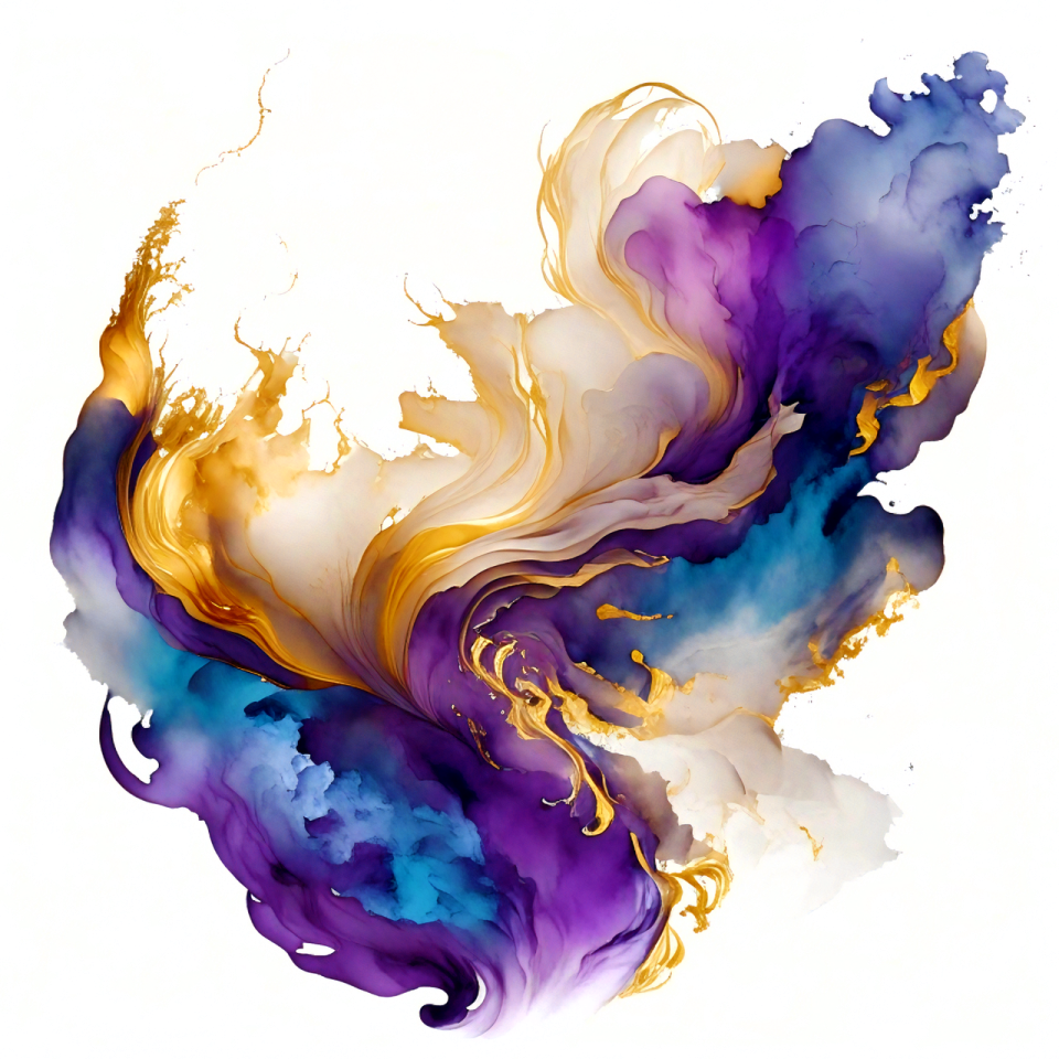 an abstract painting in purple, yellow and blue