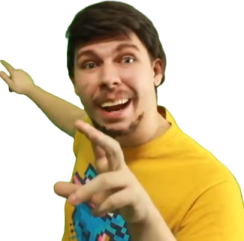 a man in a yellow shirt pointing at the camera