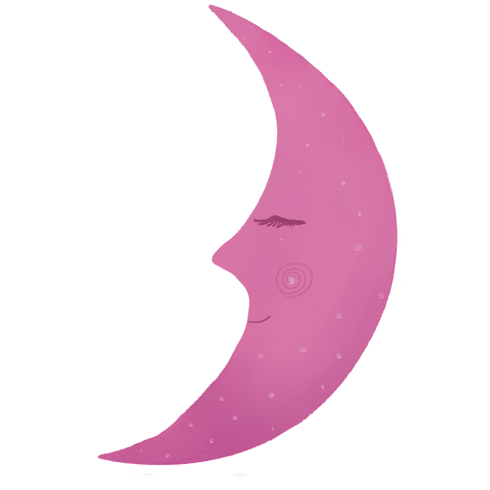 a pink crescent with a smiling face on it