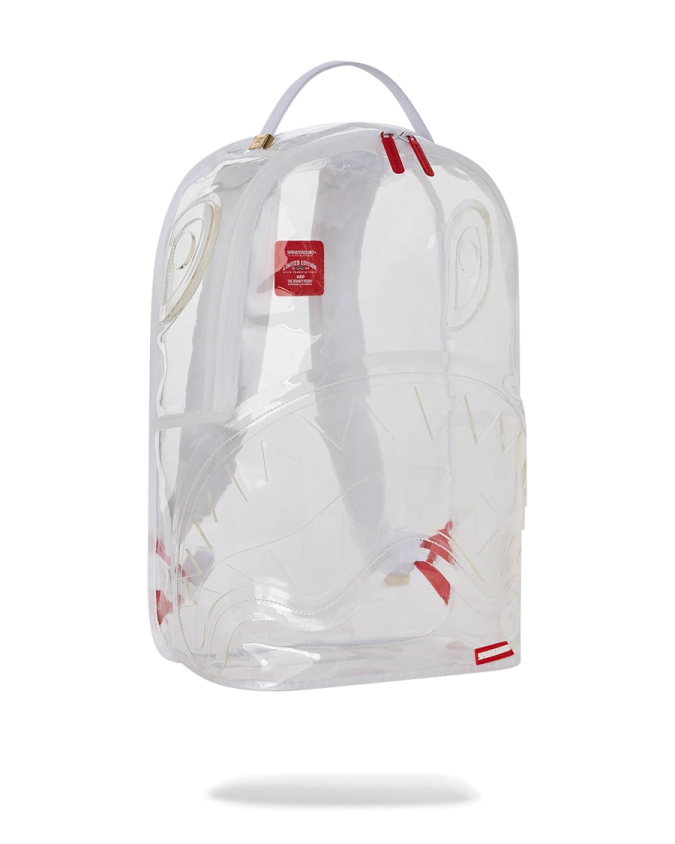a clear backpack with red and white straps