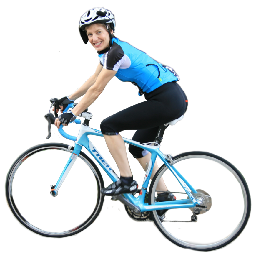 a woman riding a bike on a white background