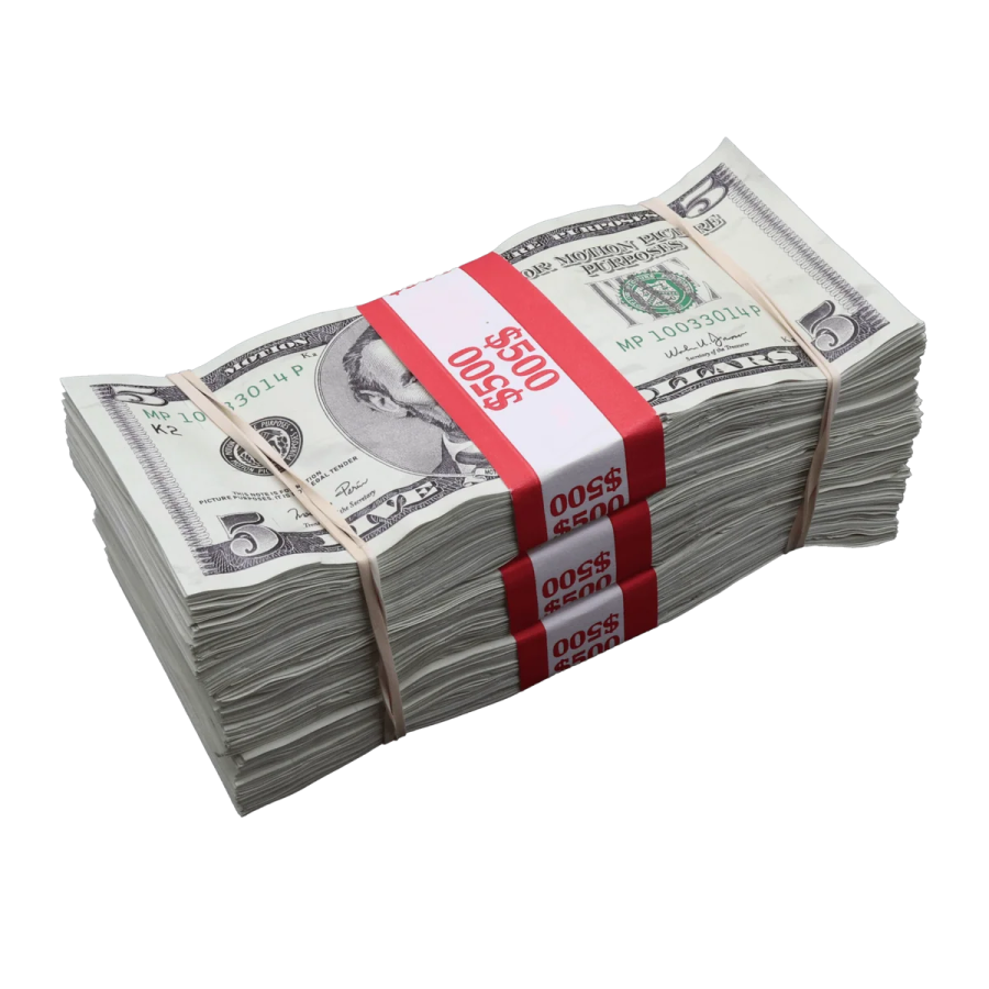 a stack of money wrapped in red ribbon