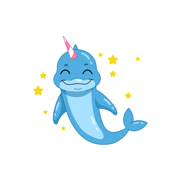 a blue whale with a unicorn horn on its head