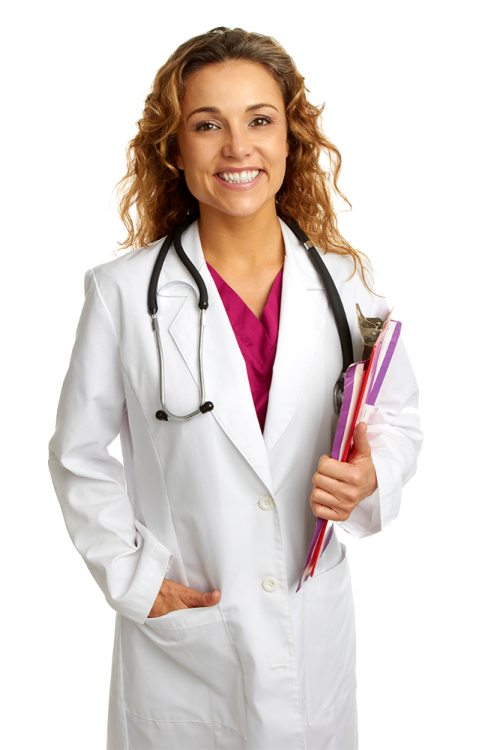 a woman wearing a white lab coat