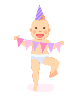 a baby in a birthday hat and diaper
