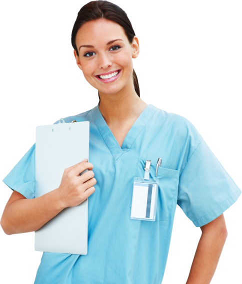 a woman in scrubs holding a clipboard