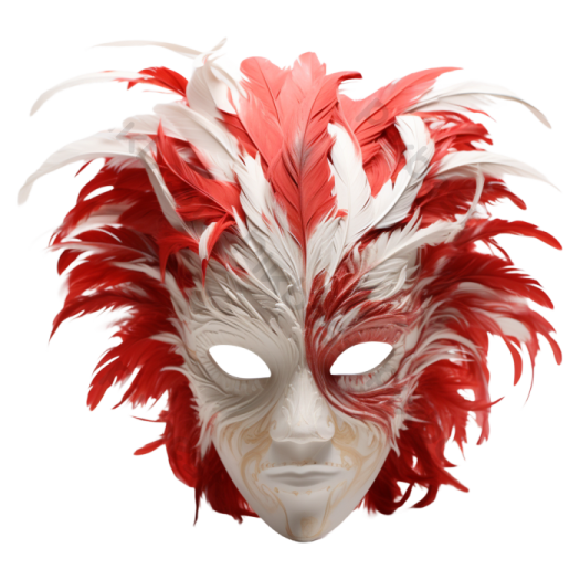 a red and white mask with feathers