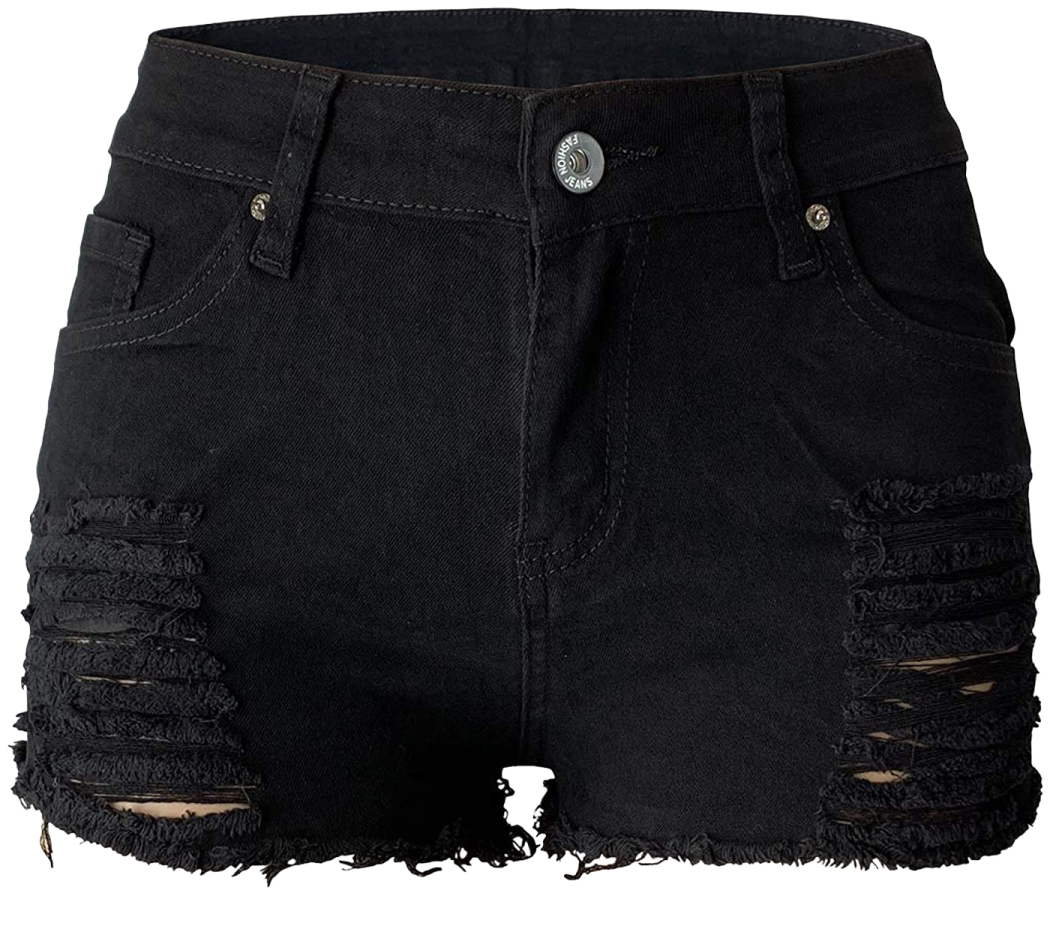 a pair of black denim shorts with holes on the side