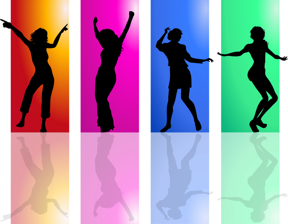 silhouettes of people dancing in different colors