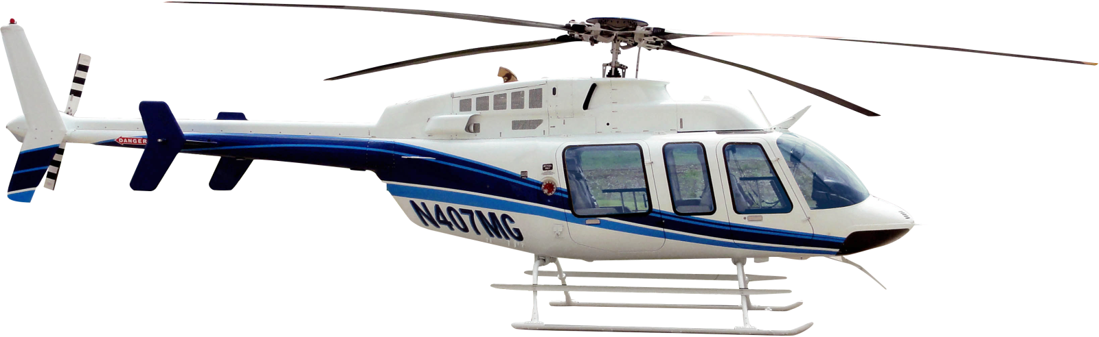 a white and blue helicopter flying in the sky