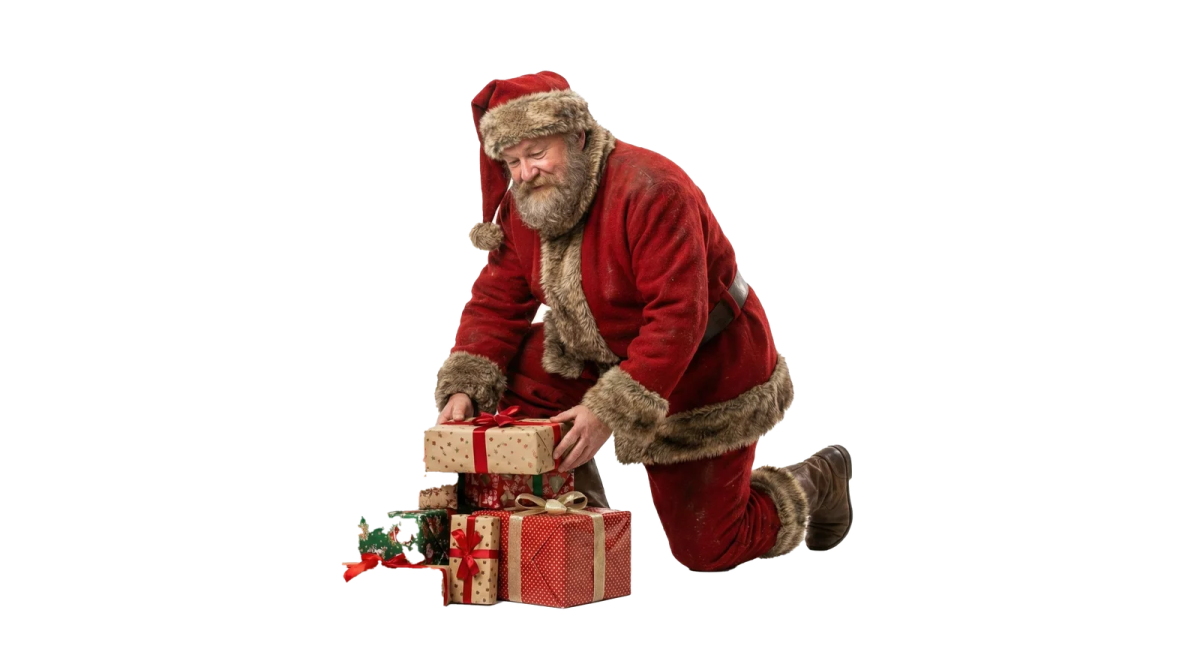 a man in a santa suit with a christmas present