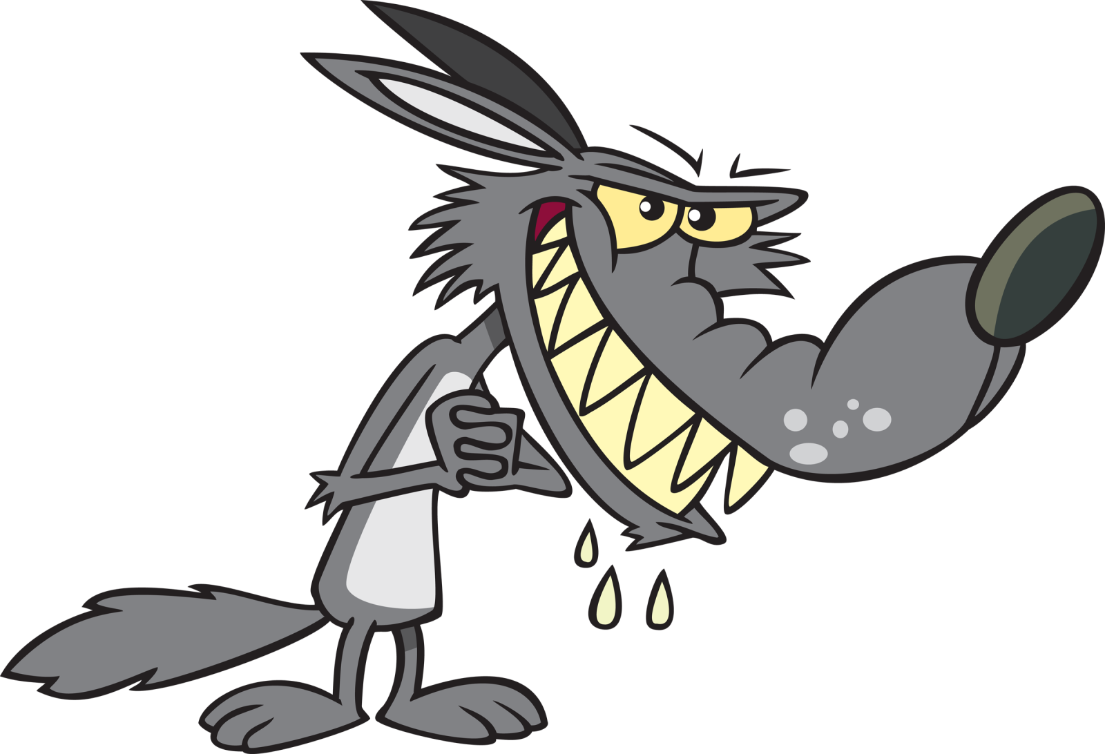a cartoon wolf with a knife in his mouth