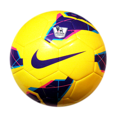 a yellow soccer ball with purple and blue designs
