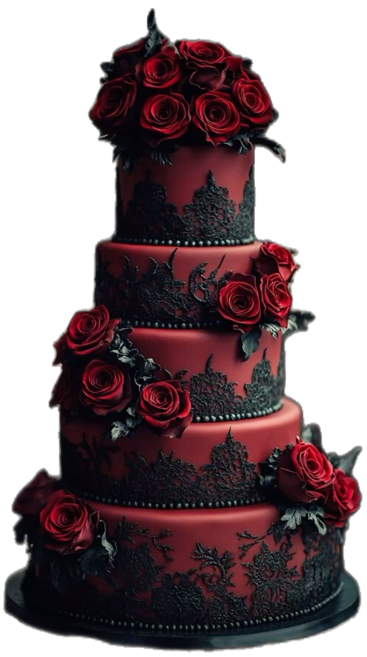a red and black wedding cake with roses