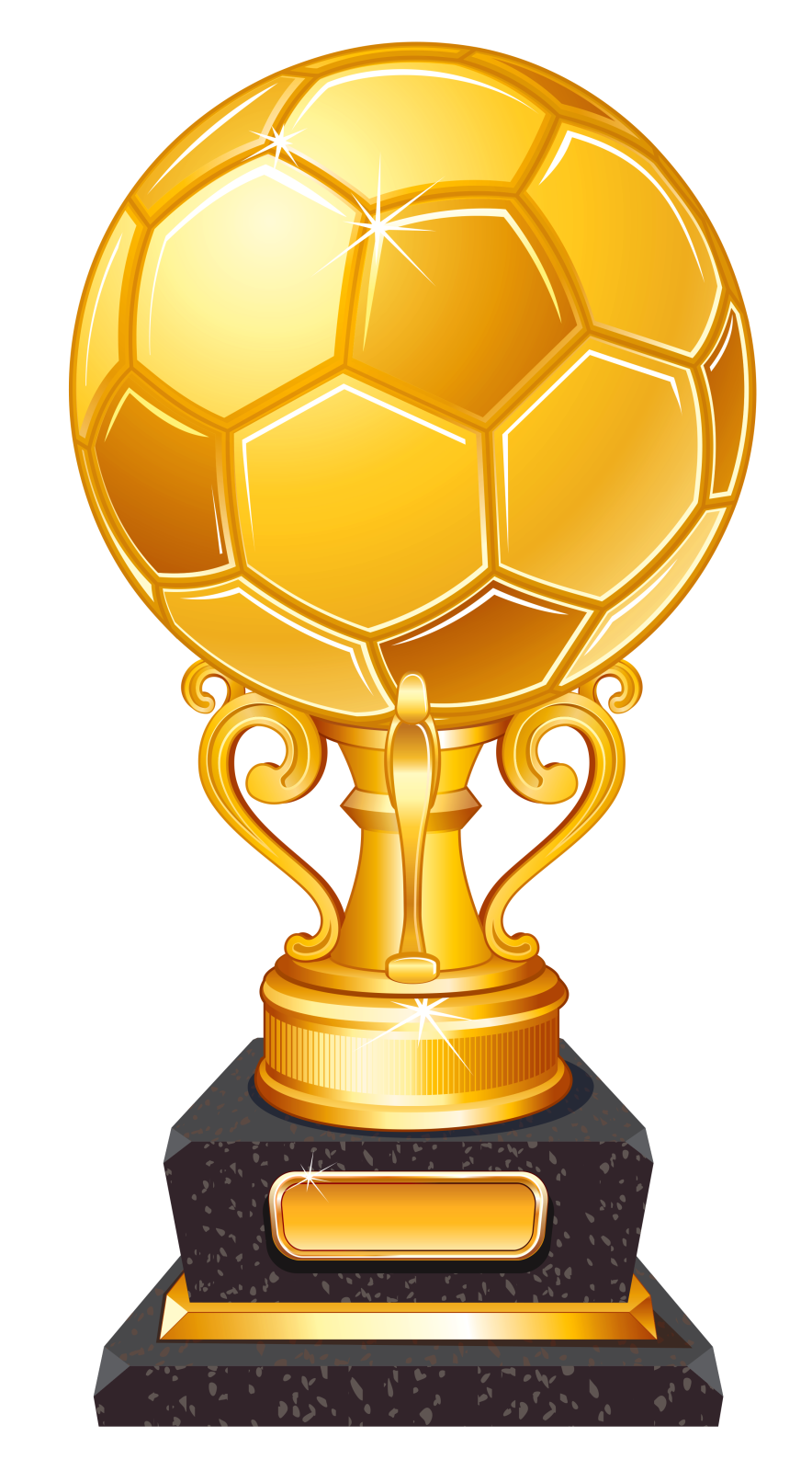 a golden soccer trophy on a white background