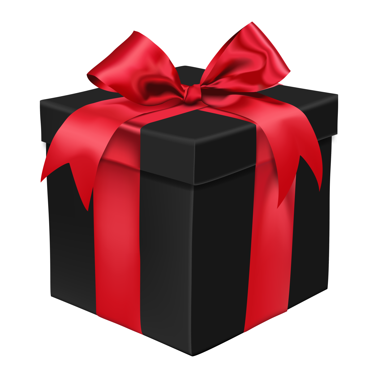 a black gift box with red ribbon and bow