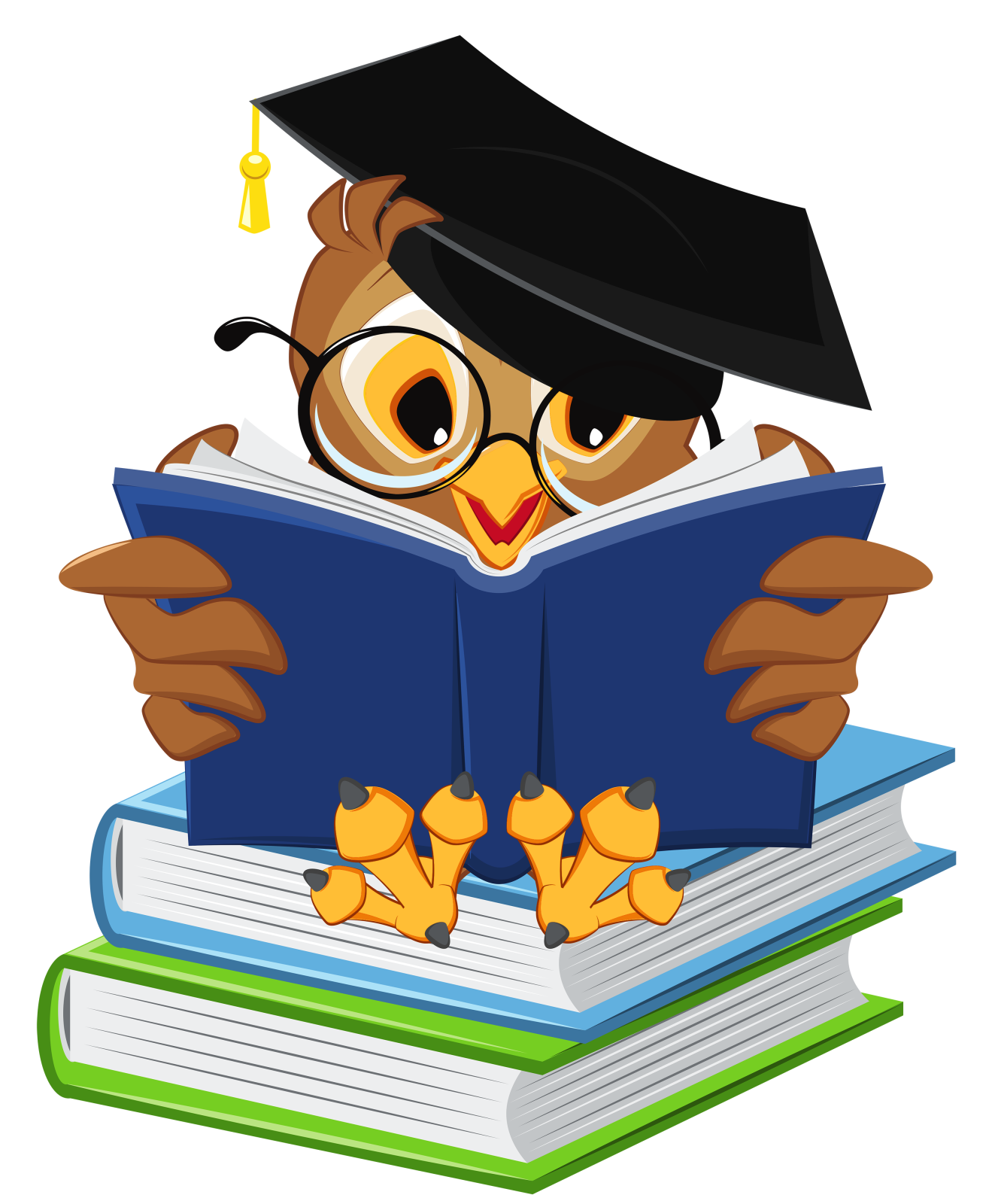 an owl wearing a graduation hat and reading a book