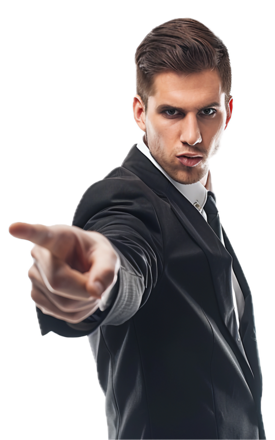 a man in a suit pointing at the camera