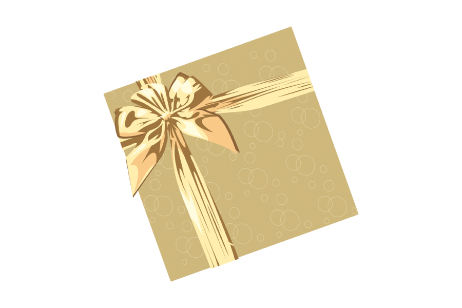 a brown gift box with a gold bow