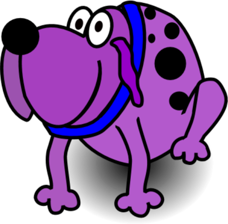 a purple dog with black spots and a blue collar