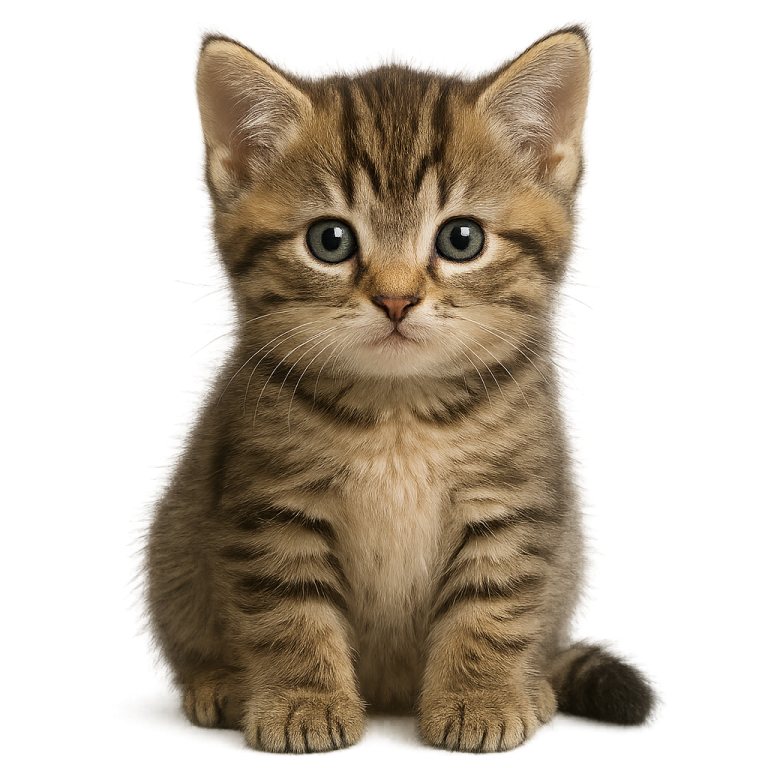 a small kitten sitting on a white surface