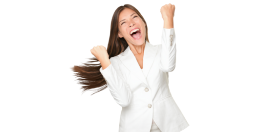 a woman in a white suit with her arms up