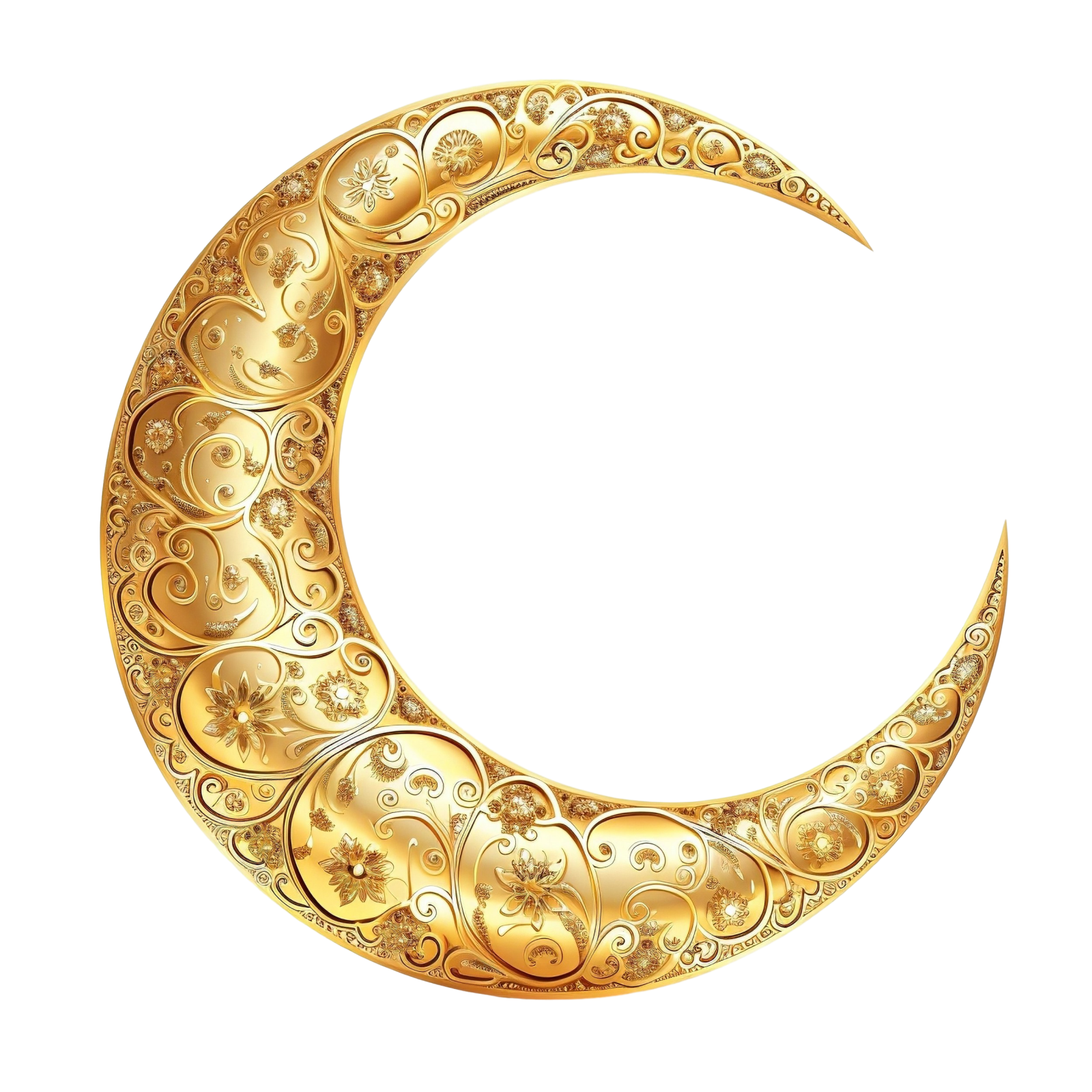 a golden crescent with swirls and stars on it