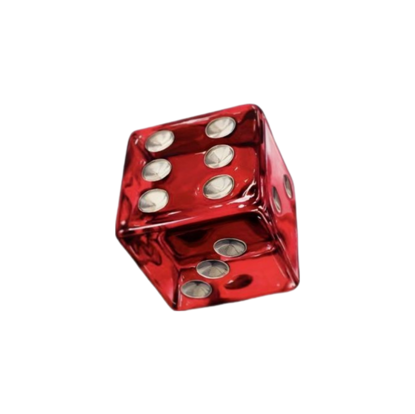 a red dice with silver coins on it