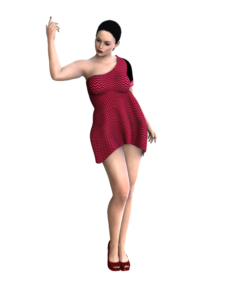 a woman in a red and white dress