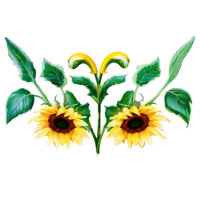 two sunflowers with green leaves on white background