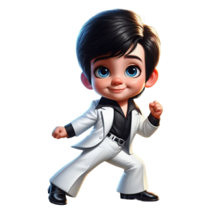 a cartoon character in a white suit and black shoes