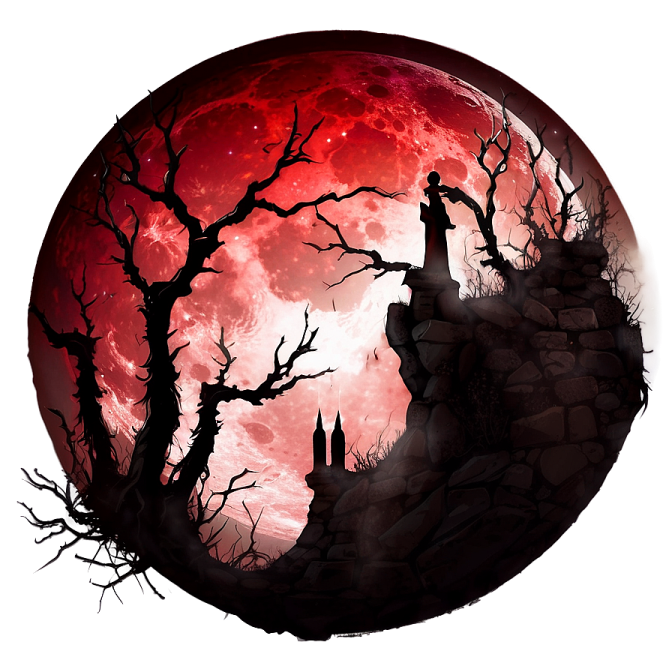 a red moon with some trees in front of it