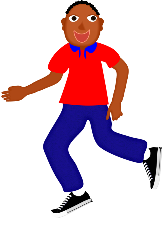 a black boy in a red shirt and blue pants