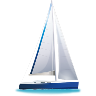 a sailboat with white sails and blue trim