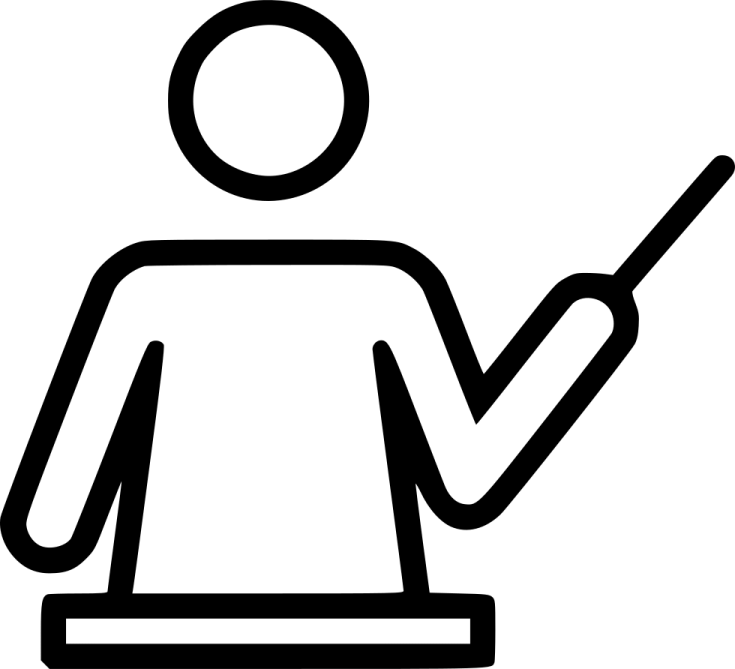 a black and white icon of a man with a pointer