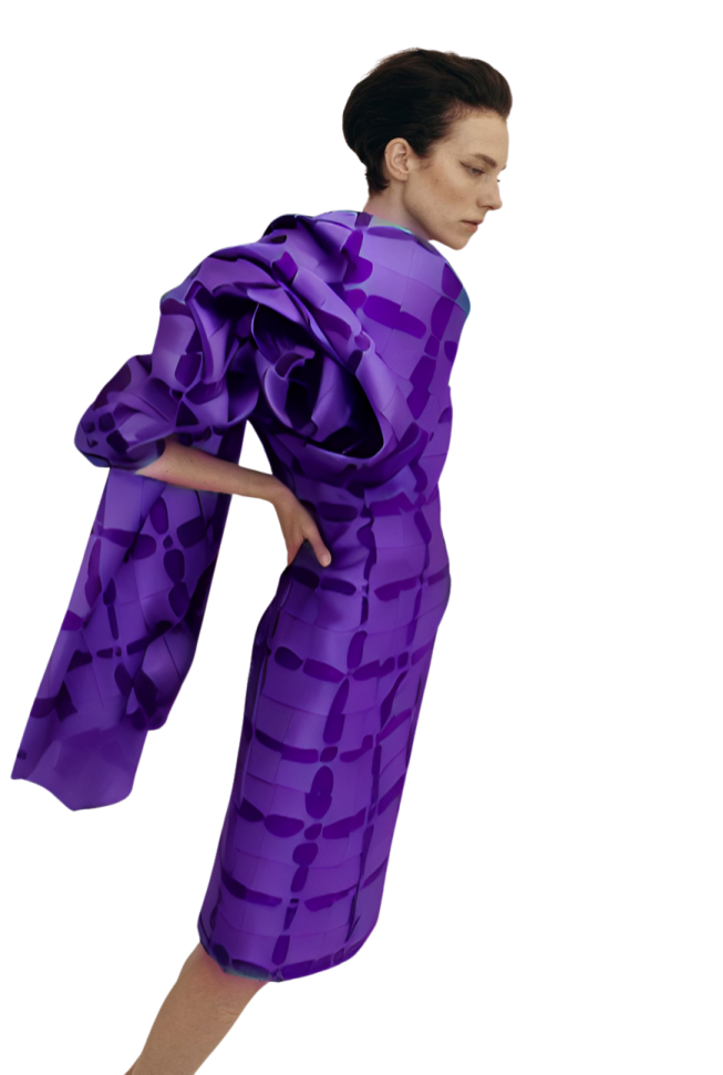 a woman in a purple dress and black shoes