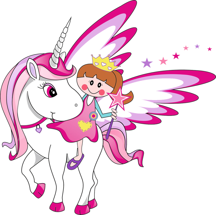 a little girl riding on a pink unicorn