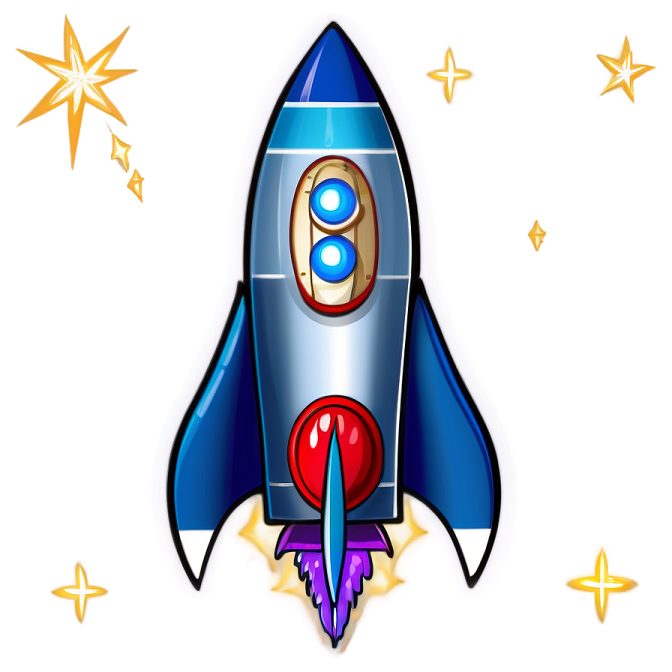 a cartoon rocket with the letter e on it