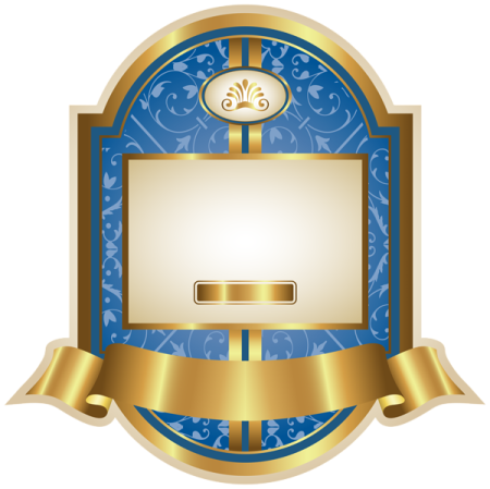 a blue and gold shield with a gold ribbon