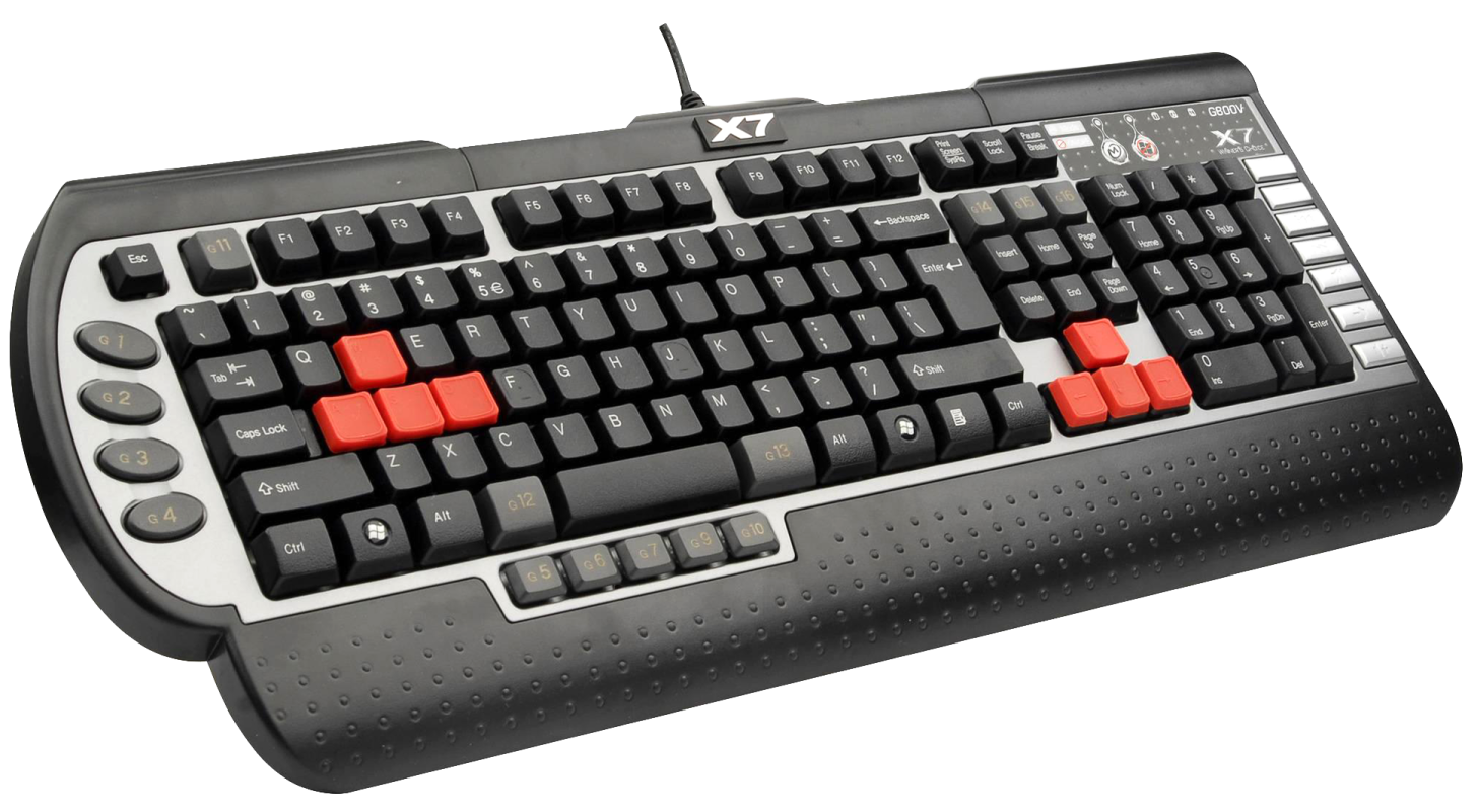 a computer keyboard with red and black keys