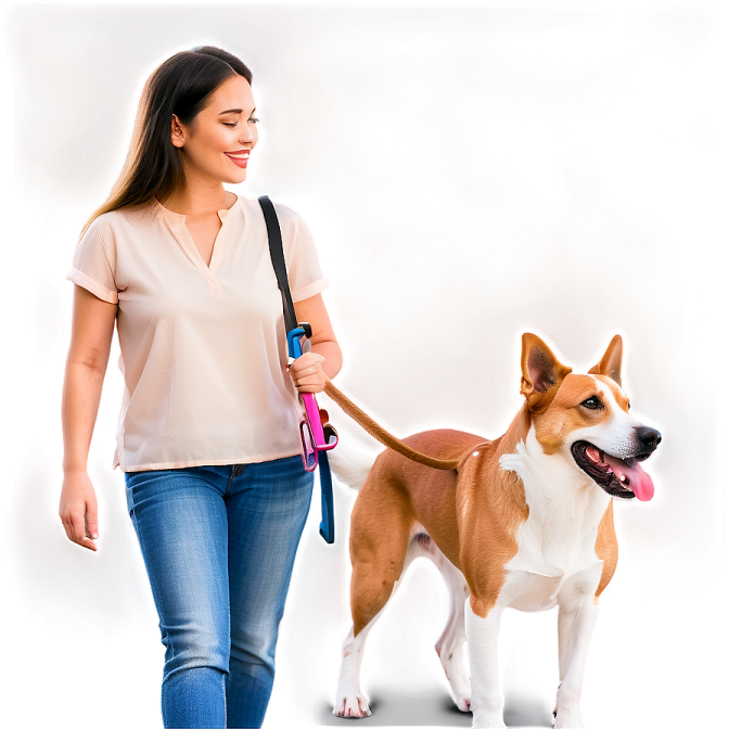 a woman walking a dog on a leash