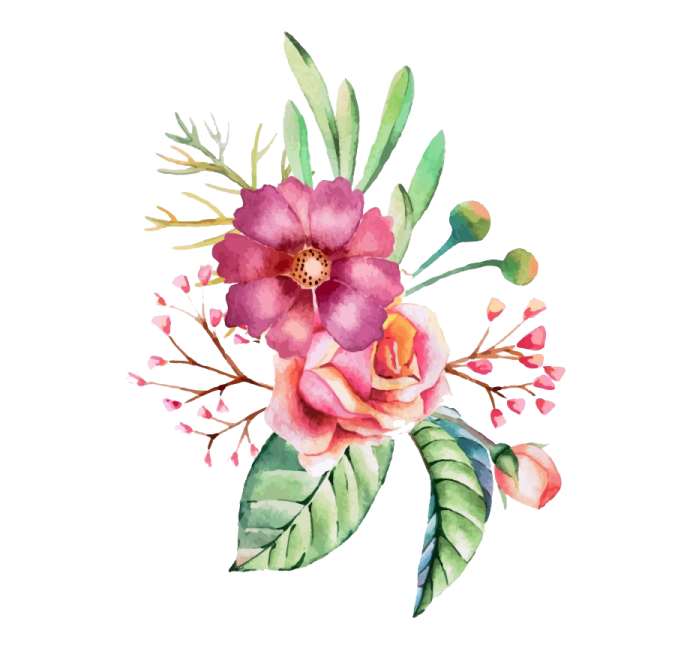 a watercolor painting of pink flowers and leaves