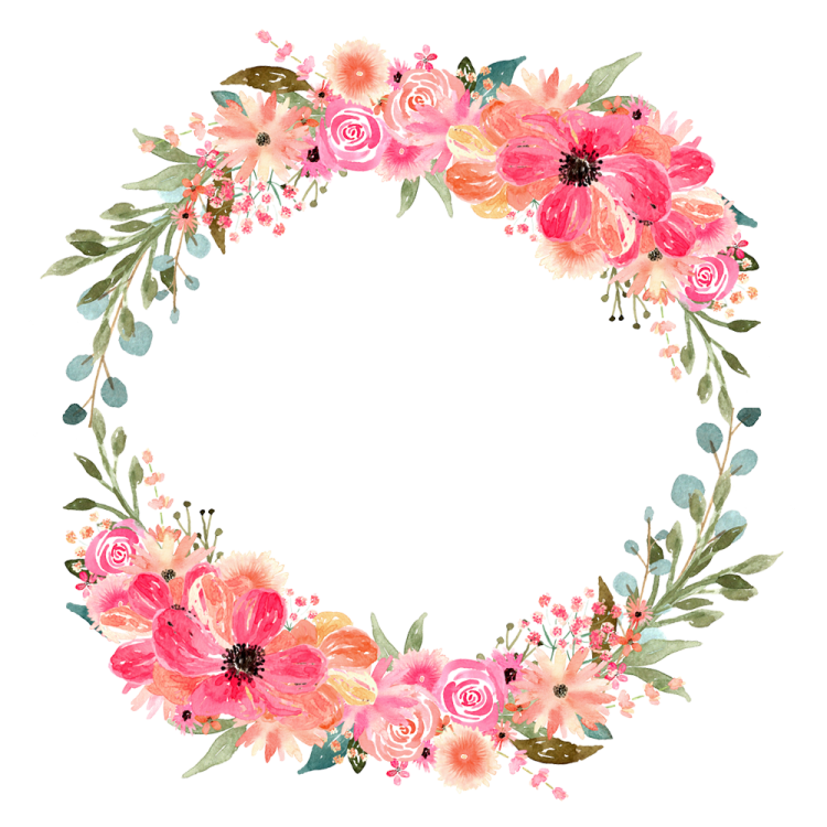 a floral wreath with pink flowers and green leaves
