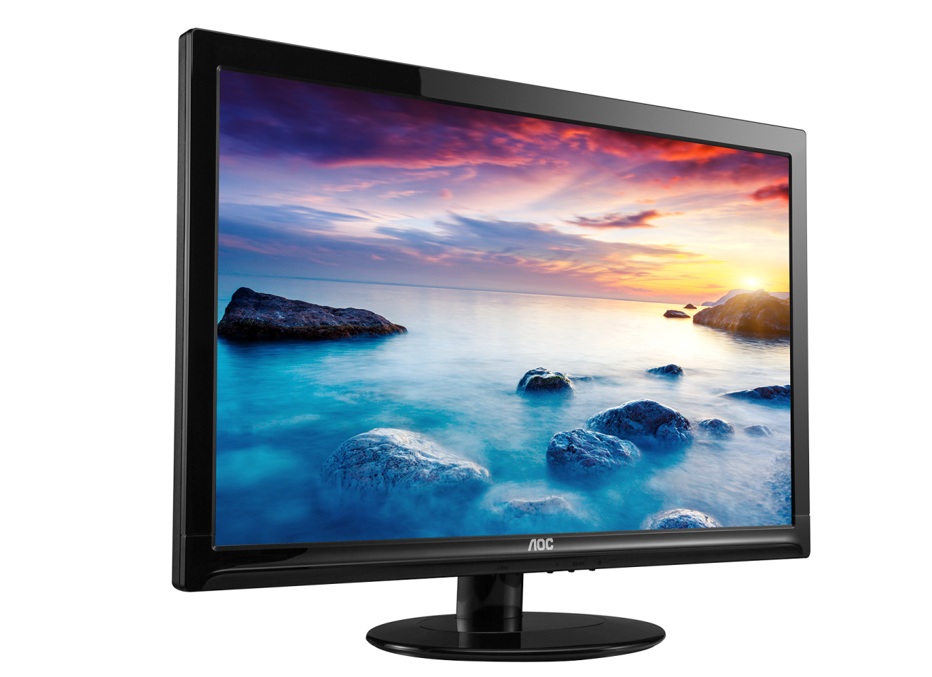 a computer monitor with a sunset in the background
