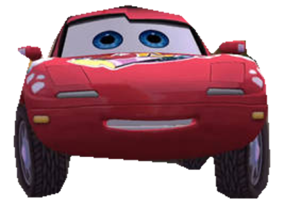 a red car with blue eyes and a white background