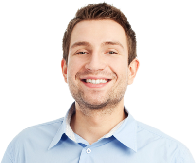 a smiling man in a blue shirt